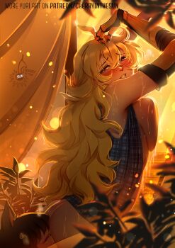 2girls against_glass animal_ears artist_logo black_hair blake_belladonna blonde_hair blush breast_press breasts breasts_on_glass cat_ears cherry_in_the_sun closed_eyes commentary cunnilingus english_commentary grin large_breasts leaf logo long_hair mechanical_arms multiple_girls open_clothes open_shirt oral parted_lips red_eyes rwby single_mechanical_arm sitting sitting_on_face sitting_on_person smile standing standing_cunnilingus sunlight sweat yang_xiao_long yuri