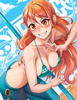 1girl bikini bikini_top_only blush breasts butt_crack cleavage commentary commentary_request denim dilan_griz english_commentary highres jeans large_breasts long_hair looking_at_viewer mixed-language_commentary nami_(one_piece) no_piercings nose nose_blush one_piece orange_eyes orange_hair pants shiny_skin smile solo swimsuit