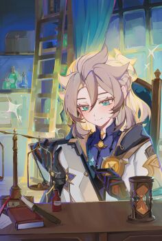 Rule 34 | 1boy, absurdres, albedo (genshin impact), aqua eyes, black gloves, blue shirt, braid, gem, genshin impact, gloves, gold trim, highres, hourglass, male focus, orange gem, ponytail, scar, scar on neck, shirt, short ponytail, vision (genshin impact), wumeng