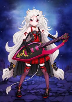 Rule 34 | 1girl, ailane (show by rock!!), animal ears, black bow, black gloves, black shirt, black shoes, black skirt, bow, commentary request, edamame senpai, gloves, guitar, hair ornament, hairclip, holding, holding guitar, holding instrument, instrument, jewelry, key, key necklace, lion ears, lion girl, lion tail, long hair, low twintails, necklace, outdoors, red eyes, red ribbon, ribbon, shirt, shoes, show by rock!!, skirt, solo, tail, thighhighs, twintails, very long hair