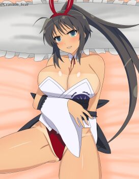 1girl black_hair blush breasts cleavage crimson_scar dark-skinned_female dark_skin detached_sleeves green_eyes highleg highleg_panties homura_(senran_kagura) large_breasts long_hair looking_at_viewer panties ponytail senran_kagura tan tanline underwear very_long_hair