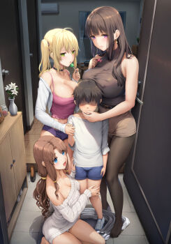 1boy 3girls :d age_difference black_choker black_hair blonde_hair blue_eyes breasts brown_hair brown_skirt bulge camisole candy choker cleavage closed_mouth covered_erect_nipples door doorway earrings food green_eyes hand_on_another&#039;s_chin hetero highres holding holding_candy holding_food holding_hands holding_lollipop indoors jewelry kneeling large_breasts living_room lollipop low_ponytail miniskirt multiple_girls off-shoulder_sweater off_shoulder onee-shota open_mouth original panties pantyhose pantyshot parted_lips ponytail purple_eyes purple_panties sayika short_hair shota side_ponytail skirt smile sweater thighs underwear