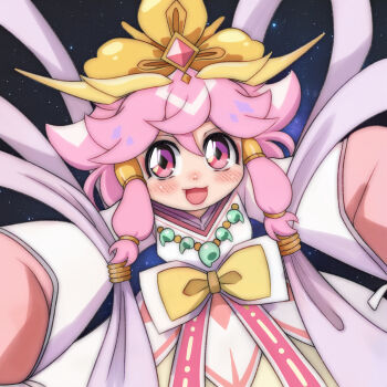 1girl :3 amaterasu_(mashin_souzouden_wataru) blush bow diamond-shaped_pupils diamond_(shape) hair_tubes headpiece highres japanese_clothes jewelry kimono long_sleeves looking_at_viewer magatama maro_(mashin_souzouden_wataru) mashin_eiyuuden_wataru mashin_souzouden_wataru necklace open_mouth pink_hair red_eyes short_hair sleeves_past_wrists smile space standing star_(sky) symbol-shaped_pupils t_jiroo_(ringofriend) white_kimono wide_sleeves yellow_bow