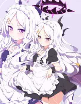 absurdres ahoge apron black_halo blue_archive blush breasts commentary_request demon_girl demon_horns demon_wings halo highres hina_(blue_archive) horns kame_(nokonoko10271) long_hair looking_at_viewer low_wings maid maid_apron maid_headdress purple_eyes small_breasts solo standing very_long_hair white_hair wings