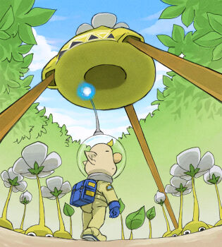 1boy backpack bag big_nose black_eyes blonde_hair blue_bag blue_gloves blue_sky bud buried bush clenched_hand closed_mouth cloud colored_skin commentary_request day expressionless flower from_behind full_body gloves helmet leaf light_frown looking_at_viewer looking_back louie_(pikmin) male_focus naru_(wish_field) nintendo onion_(pikmin) outdoors patch pikmin_(creature) pikmin_(series) pointy_ears radio_antenna short_hair sky space_helmet spacesuit standing very_short_hair white_flower yellow_pikmin yellow_skin