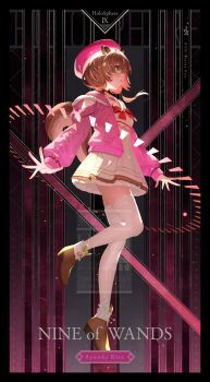 1girl animal_ears ayunda_risu ayunda_risu_(1st_costume) beret bilingual_commentary boots bow bowtie brown_boots brown_choker brown_hair cable_knit card_(medium) cardigan character_name chest_bow choker clothing_cutout commentary dress empire_waist english_commentary english_text fold-over_boots full_body fur_choker green_eyes hair_ornament hairclip hat highres hololive hololive_indonesia hood hooded_cardigan ishihara_(kuniyoshi) long_hair low_twintails mixed-language_commentary multicolored_hair open_mouth pink_cardigan pink_hat red_bow red_bowtie short_dress shoulder_cutout simple_background solo squirrel_ears squirrel_girl squirrel_tail streaked_hair striped_clothes striped_thighhighs tail tarot tarot_(medium) thighhighs twintails vertical-striped_clothes vertical-striped_thighhighs virtual_youtuber watermark white_dress white_hair white_thighhighs
