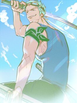 1boy bandana bandana_around_arm bare_shoulders black_bandana black_pants blue_sky blue_tank_top cloud cloudy_sky commentary_request earrings from_below goggles goggles_on_head gold_earrings green_hair grin holding holding_sword holding_weapon jewelry katana korean_commentary male_focus multiple_earrings multiple_swords one_piece outdoors p_tlnfinder pants parted_lips roronoa_zoro short_hair sky smile solo sword tank_top weapon