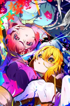 2girls :o absurdres blonde_hair blue_kimono breasts commentary dress flower frills gap_(touhou) hand_in_own_hair hand_on_another's_face harikane0 hat highres japanese_clothes kimono large_breasts long_hair long_sleeves looking_at_viewer medium_hair mob_cap multiple_girls parted_lips petals pink_eyes pink_hair purple_tabard saigyouji_yuyuko tabard touhou upside-down veil white_dress yakumo_yukari yellow_eyes