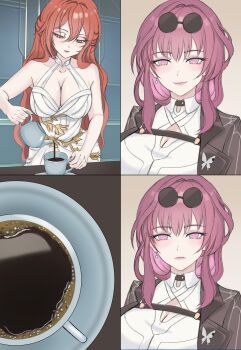 2girls absurdres bare_shoulders black_jacket breasts closed_mouth coffee coffee_mug coffee_pot collared_shirt commentary cup dress eden_gross_cooking_reaction_(meme) eidis_scarlet english_commentary eyewear_on_head halter_dress halterneck highres himeko_(honkai:_star_rail) holding_coffee_pot honkai:_star_rail honkai_(series) jacket kafka_(honkai:_star_rail) large_breasts long_hair meme mug multiple_girls purple_eyes purple_hair red_hair round_eyewear shirt smile spider_web_print sunglasses white_dress white_shirt yellow_eyes yuri