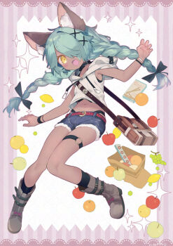 1girl animal_ear_fluff animal_ears apple bag boots braid collar dark_skin food fruit grapes hair_ornament hair_over_one_eye highres hood hood_down hoodie long_hair navel open_mouth orange_(fruit) original short_shorts shorts sleeveless sleeveless_hoodie smile solo twin_braids x_hair_ornament yellow_eyes yuzuki_gao