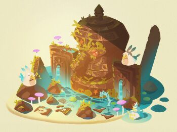 apokarihardcore bird commentary_request fantasy fountain lily_pad moss mushroom no_humans original rock