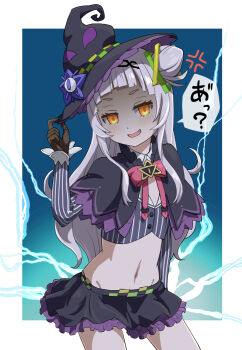 1girl adjusting_clothes adjusting_headwear anger_vein arched_bangs black_capelet black_gloves black_hat black_skirt blush bow bowtie brooch capelet commentary_request cone_hair_bun cropped_shirt fang gloves glowing glowing_eyes grey_hair grey_shirt groin hair_bun hairband hand_on_headwear haniwa_(leaf_garden) hat hexagram_hair_ornament highres hololive jewelry layered_capelet lightning_background linea_alba long_hair long_sidelocks long_sleeves looking_at_viewer lowleg lowleg_skirt microskirt midriff murasaki_shion murasaki_shion_(1st_costume) navel open_mouth outside_border pink_bow pink_bowtie purple_capelet shaded_face shirt short_eyebrows side_up_bun sidelocks single_side_bun skirt solo striped_clothes striped_shirt tilted_headwear v-shaped_eyebrows vertical-striped_clothes vertical-striped_shirt virtual_youtuber witch witch_hat yellow_eyes
