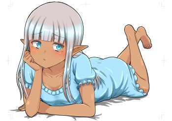 1girl absurdres barefoot blue_eyes blue_nightgown blunt_bangs breasts collarbone commentary crossed_legs dark-skinned_female dark_elf dark_skin elf grey_hair hand_on_own_cheek hand_on_own_face head_rest highres karla_(kono_healer_mendokusai) kono_healer_mendokusai long_hair looking_at_viewer lying nightgown official_art on_stomach pointy_ears pout puffy_short_sleeves puffy_sleeves short_sleeves simple_background small_breasts solo symbol-only_commentary tannen_ni_hakkou the_pose white_background