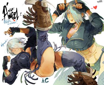 1girl abs absurdres angel_(kof) backless_pants blue_eyes boots bra breasts chaps cleavage commentary cowboy_boots crop_top cropped_jacket elbow_drop english_commentary fingerless_gloves gloves hair_over_one_eye highres horns_pose index_fingers_raised jacket large_breasts leather leather_jacket looking_at_viewer mexico midriff muscular muscular_female navel panties pants people&#039;s_elbow short_hair shpr0ta smile smug snk solo strapless strapless_bra the_king_of_fighters the_king_of_fighters_xiv toned toned_female underwear white_hair