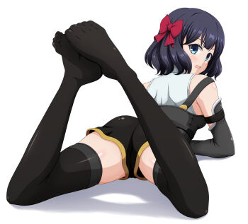 1girl black_gloves black_hair black_romper black_thighhighs blue_eyes bow from_behind gloves hair_bow highres ishida_seito looking_back lying nageki_no_bourei_wa_intaishitai on_ground on_stomach red_bow romper simple_background solo strap thighhighs tino_shade white_background