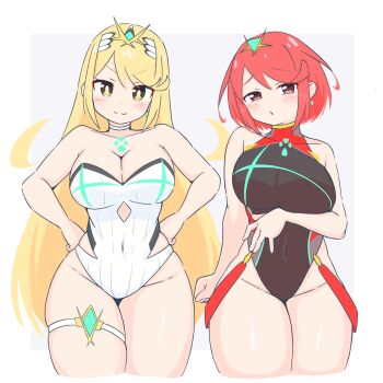 Rule 34 | 2girls, blonde hair, blush, breasts, chest jewel, commentary, cropped legs, hands on own hips, highleg, highleg one-piece swimsuit, highres, huge breasts, long hair, multiple girls, mythra (radiant beach) (xenoblade), mythra (xenoblade), one-piece swimsuit, pyra (pro swimmer) (xenoblade), pyra (xenoblade), red eyes, red hair, red one-piece swimsuit, short hair, strapless, strapless one-piece swimsuit, swept bangs, swimsuit, thighs, tiara, two-tone swimsuit, uncool mochi, untranslatable commentary, very long hair, xenoblade chronicles (series), xenoblade chronicles 2, yellow eyes