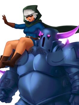 1girl 1other absurdres armor bandit_(clash_royale) blue_dress boots brown_boots brown_gloves cape clash_royale closed_eyes dress fake_horns gloves green_cape green_hood helmet highres hood hooded_cape horned_helmet horns open_mouth p.e.k.k.a simple_background sitting sitting_on_shoulder teeth tubbiegordito upper_teeth_only white_background