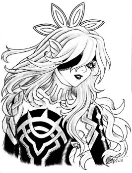 1girl animal_ears bare_shoulders bat_ears black_dress black_lips breasts collarbone commentary dated detached_sleeves dress embla_(fire_emblem) english_commentary eyepatch fire_emblem fire_emblem_heroes halo kastillia lace-trimmed_eyepatch long_hair messy_hair monochrome nintendo signature small_breasts solo traditional_media very_long_hair white_background