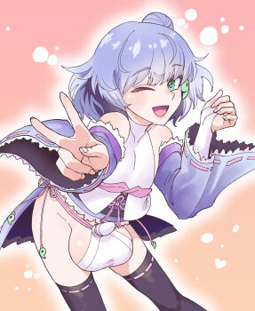1boy ball_bra bridal_gauntlets geta green_eyes hair_ornament highres huge_testicles japanese_clothes magatama magatama_hair_ornament one_eye_closed open_mouth original pathkebe_h penis penis_sheath pleated_skirt sandals skirt small_penis tamabukuro_yutaka testicle_peek testicles thighhighs trap v wink