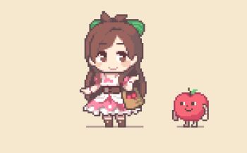 Rule 34 | 1girl, :d, ^ ^, animated, animated gif, apple, basket, blush, bow, brown eyes, brown footwear, brown hair, chibi, closed eyes, corset, dress, expressive hair, food, fruit, green bow, hair bow, holding, holding basket, idolmaster, idolmaster cinderella girls, long hair, lowres, open mouth, oyuzaki (ayuzaki), pink dress, pixel art, puffy sleeves, ringorou (idolmaster), short sleeves, simple background, smile, solo, swaying, tsujino akari, wrist cuffs, yellow background