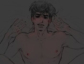 1boy anal bara happy_sex heart heart-shaped_pupils higashikata_josuke jojo_no_kimyou_na_bouken lying male_focus male_penetrated muscular naughty_face nipples pov shitake_man sketch solo_focus symbol-shaped_pupils