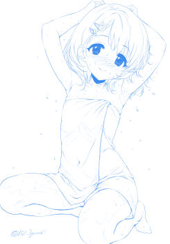 1girl armpits arms_up bare_arms bare_legs barefoot blue_theme blush commentary_request covered_navel flat_chest hair_ornament highres idolmaster idolmaster_cinderella_girls igarashi_kei kneeling lineart loli looking_at_viewer monochrome naked_towel nose_blush presenting_armpit rabbit_hair_ornament sasaki_chie short_hair signature simple_background smile solo towel twintails white_background