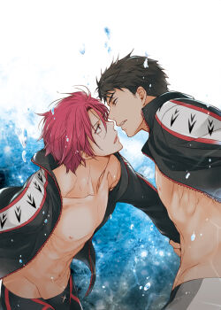 2boys black_hair collarbone commentary_request eye_contact free! full-length_zipper jacket jammers looking_at_another male_focus male_swimwear matsuoka_rin multiple_boys nipples open_clothes open_jacket open_mouth ruru_(ultimatepowers.info.) short_hair teeth unzipped yamazaki_sousuke yaoi zipper