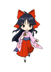 Rule 34 | 1girl, blue hair, bow, breasts, brown eyes, chibi, feet, fingerless gloves, gloves, hair ribbon, hand on own chest, highres, japanese clothes, legs, long skirt, looking at viewer, open mouth, red bow, ribbon, sakura taisen, sega, shinguuji sakura, skirt, small breasts, smile, solo, thighs