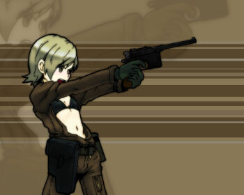 1girl bikini bikini_top_only black_gloves blonde_hair cosplay eva_(metal_gear) eva_(mgs)_(cosplay) female_focus flat_chest gloves gumdrop gun handgun holster jumpsuit mauser_c96 metal_gear_(series) metal_gear_solid_3:_snake_eater metal_gear_solid_4:_guns_of_the_patriots navel open_clothes pistol shansi_type_17 short_hair shouting solo sunny_emmerich swimsuit weapon zoom_layer