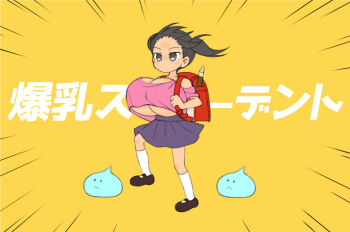 1girl backpack bag black_hair blush_stickers breasts brown_eyes brown_sandals cleavage collarbone crop_top flute huge_breasts instrument japanese_text kaai_yuki kyoufuu_all_back_(vocaloid) leg_up medium_hair miyata_gakuman motion_lines no_mouth oppai_loli parody pink_shirt pleated_skirt purple_skirt randoseru recorder red_bag sandals shirt skirt slime_(creature) socks solo speed_lines style_parody twintails underboob vocaloid walking white_socks yellow_background