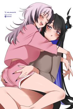 2girls ass black_hair black_shorts blue_hair breasts closed_eyes colored_inner_hair commentary flower grey_hair hands_on_another&#039;s_ass highres hololive hololive_english horn_flower large_breasts long_hair long_sleeves looking_at_another multicolored_hair multiple_girls nerissa_ravencroft oioi_ainomo open_mouth pink_shirt pink_shorts purple_eyes shiori_novella shirt shorts sidelocks simple_background split-color_hair straddling straight_hair symbol-only_commentary three-quarter_sleeves upright_straddle very_long_hair virtual_youtuber white_background yuri