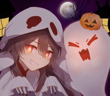 1girl boo_tao_(genshin_impact) brown_hair genshin_impact ghost ghost_costume ghost_pose halloween highres hu_tao_(genshin_impact) looking_at_viewer moon pumpkin ramune_h2co3 red_eyes smirk
