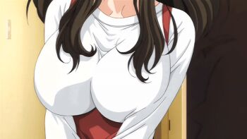 00s 1girl 2008 animated animated_gif anime_screenshot aunt breasts brown_hair dress hair_ribbon high_ponytail housewife large_breasts long_hair mature_female ponytail ribbon saiminjutsu_2 tagme takase_shino yellow_hair_ribbon