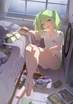1girl absurdres apartment bag_of_chips barefoot bed book can chico_(yuzuha_riko) collarbone commentary creature dolphin_shorts double-parted_bangs drink_can dutch_angle full_body green_hair green_shorts hair_between_eyes highres holding holding_can holding_unworn_clothes knees_up long_bangs looking_at_viewer medium_hair messy_room on_floor open_book open_mouth pen purple_eyes ramube shirt short_shorts short_sleeves shorts sitting smile solo stellive symbol-only_commentary twintails virtual_youtuber washing_machine white_shirt window window_shadow yuzuha_riko