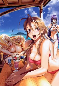 3girls absurdres antenna_hair beach bikini blonde_hair blue_hair blush breasts brown_eyes brown_hair busujima_saeko cleavage closed_eyes day dessert drink earrings female_focus food hand_on_own_hip headphones highres highschool_of_the_dead ice_cream jewelry large_breasts long_hair marikawa_shizuka midriff miyamoto_rei multiple_girls official_art open_mouth outdoors own_hands_clasped own_hands_together parfait purple_eyes purple_hair red_eyes saliva satou_shouji sleeping standing sundae sweets swimsuit thigh_gap thighs very_long_hair