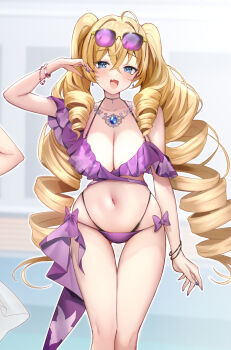 2girls ahoge bare_shoulders bikini blonde_hair blue_eyes blue_gemstone bracelet breasts choker cleavage commentary_request danshi_kinsei_game_sekai_de_ore_ga_yarubeki_yuiitsu_no_koto_yuri_no_ma_ni_hasamaru_otoko_to_shite_tensei_shite_shimaimashita drill_hair earrings eyewear_on_head fang frilled_bikini frills gem haishiki highres jewelry large_breasts long_hair multiple_girls navel necklace official_art open_mouth ophelia_von_margeline pink-tinted_eyewear poolside purple_bikini purple_nails ringlets skin_fang smile swimsuit tinted_eyewear tsukiori_sakura very_long_hair