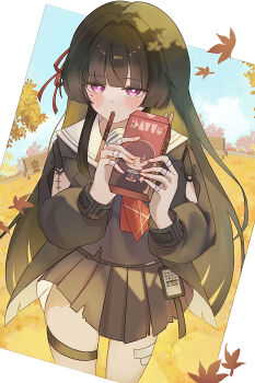 1010_(wuthering1010) 1girl absurdres arm_cutout black_hair black_jacket black_serafuku black_shirt black_skirt blush box capybara chisa_(wuthering_waves) clothing_cutout commentary_request food food_in_mouth hair_ribbon highres holding holding_box jacket long_hair long_sleeves looking_at_viewer mole mole_under_eye namipon_(wuthering_waves) partial_commentary pocky pocky_in_mouth red_eyes red_ribbon ribbon sailor_collar school_uniform serafuku shirt skirt solo tacet_mark_(wuthering_waves) thigh_strap very_long_hair white_sailor_collar wuthering_waves