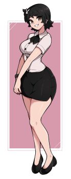 1girl black_hair black_shoes black_skirt border breasts brown_eyes collared_shirt commentary commission double-parted_bangs english_commentary full_body hair_ornament highres large_breasts looking_at_viewer miniskirt oninuer original outside_border pink_background shirt shoes short_hair short_sleeves side_slit skirt smile solo white_border white_shirt