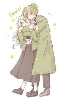 1boy 1girl :d absurdres black_pants black_shoes black_skirt blush closed_eyes coat collared_shirt dress_shirt full_body green_coat green_hair green_jacket grey_shoes hair_bun hannah_(keicorporationz) happy height_difference hetero highres hug hug_from_behind jacket keicorporationz library_of_ruina loafers long_skirt netzach_(project_moon) nugget_(project_moon) oc_x_canon open_mouth pants project_moon shirt shoes single_hair_bun skirt smile sneakers white_background white_hair white_shirt