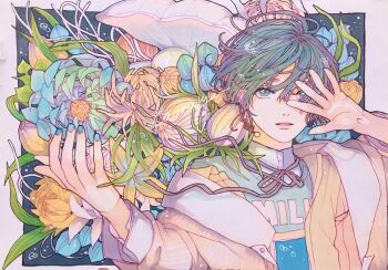 Rule 34 | 1boy, air bubble, aqua flower, aqua vest, artist request, black background, blue nails, blue vest, border, brown ribbon, bubble, bud, clam, clothes writing, coat, collared jacket, collared shirt, earrings, ensemble stars!, expressionless, eyelashes, floating earrings, floating hair, floral background, flower, gem, green eyes, green hair, grey border, hair between eyes, hand on own face, high collar, highres, jacket, jewelry, kazehaya tatsumi, lapels, leaf, light particles, lips, long sleeves, male focus, nail polish, neck ribbon, notched lapels, open clothes, open coat, open jacket, outside border, parted lips, pearl (gemstone), pink lips, ribbon, shirt, short hair, single earring, solo, sphere earrings, spider lily, sweater vest, teeth, third-party source, two-tone vest, upper body, vest, white-stew, yellow coat, yellow flower, yellow jacket