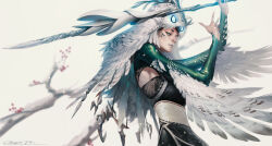 Rule 34 | 1girl, absurdres, bird, blurry, blurry background, character request, chengwei pan, clothing cutout, copyright request, depth of field, feathers, fingernails, green eyes, green sleeves, highres, holding, holding polearm, holding weapon, over shoulder, owl, owl girl, polearm, sash, sharp fingernails, side cutout, signature, solo, tagme, weapon, weapon over shoulder, wings