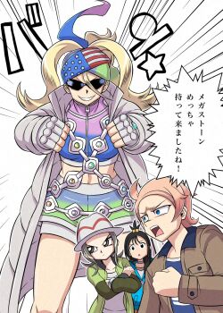 1boy 3girls ahoge black_hair blonde_hair blue_eyes blue_hoodie blue_shirt breasts brown_eyes brown_hair brown_jacket closed_mouth coat cube_hair_ornament delraich66 earclip fingerless_gloves gloves green_jacket hair_ornament harmony_(pokemon) hat highres holding hood hood_down hoodie jacket korrina_(pokemon) lida_(pokemon) long_hair long_sleeves looking_at_viewer mega_stone midriff multiple_girls nintendo open_clothes open_coat open_jacket open_mouth parody pokemon pokemon_legends:_z-a shirt short_hair shorts smile speech_bubble style_parody sunglasses teeth topknot translation_request urbain_(pokemon) white_hat white_shirt yu-gi-oh!