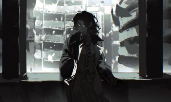 Rule 34 | 1girl, backlighting, black hair, building, closed mouth, coat, commentary, cross tie, dress, english commentary, glasses, grey coat, hand in pocket, highres, long hair, looking at viewer, open clothes, open coat, reverse:1999, solo, upper body, white dress, wilson (wilson1151487), window, z (reverse:1999)