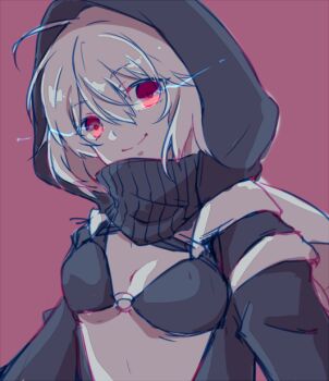 Rule 34 | 10s, 1girl, abyssal ship, bad id, bad pixiv id, bag, breasts, female focus, glowing, glowing eyes, hiki-wota, hood, jacket, kantai collection, o-ring, o-ring top, pale skin, personification, re-class battleship, red eyes, scarf, short hair, silver hair, sketch, small breasts, smile, solo, white bag