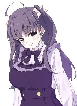 Rule 34 | 1girl, ahoge, blunt bangs, bow, breasts, brown eyes, chofu noriko, closed mouth, commentary request, dress, frilled dress, frilled shirt, frills, hair bow, highres, ikizulive! love live! bluebird, large breasts, looking at viewer, love live!, matatabianko, pinafore dress, pink bow, pleated dress, purple dress, purple hair, shirt, sidelocks, simple background, sleeveless, sleeveless dress, smile, solo, split mouth, two side up, upper body, white background, white shirt