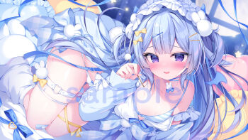 1girl absurdres bare_shoulders blue_bow blue_cardigan blue_hair blunt_bangs blush bow bow_panties bowtie cardigan character_request collarbone commentary_request copyright_request double-parted_bangs frilled_hairband frills hair_bow hair_ornament hairband hairclip heart heart_o-ring highres kirimiya_tsurugi long_hair long_sleeves looking_at_viewer mimikaki o-ring o-ring_thigh_strap on_bed open_cardigan open_clothes open_mouth panties parallel_hairclips pillow purple_eyes sample_watermark smile socks solo striped_bow striped_bowtie striped_clothes thigh_strap two_side_up underwear virtual_youtuber watermark white_hairband white_panties white_socks yellow_bow