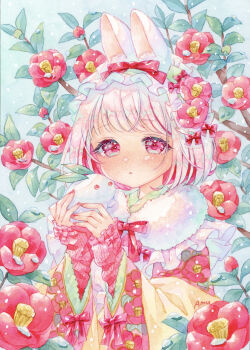1girl absurdres amu_(m_aa) animal_ear_fluff animal_ears artist_name blush camellia cardigan dot_nose expressionless floral_print flower frilled_hairband frills hair_flower hair_ornament hairband highres holding holding_snowball japanese_clothes kimono looking_at_viewer nose_blush original painting_(medium) parted_lips rabbit_ears rabbit_girl red_cardigan red_eyes red_kimono red_ribbon red_theme ribbon short_hair signature sleeves_past_wrists snow snow_rabbit snowball solo traditional_media watercolor_(medium) white_hair