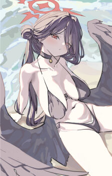 1girl bikini black_bikini black_choker black_wings blue_archive breasts choker front-tie_bikini_top front-tie_top hair_between_eyes halo hasumi_(blue_archive) hasumi_(swimsuit)_(blue_archive) highleg highleg_bikini highres large_breasts long_hair_between_eyes low_wings official_alternate_hairstyle oversized_wings p0nnonno red_halo sagging_breasts side-tie_bikini_bottom solo swimsuit wings