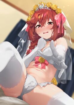 1girl blush bra breasts bridal_veil cameltoe commentary_request elbow_gloves embarrassed gloves groin hans.b indoors long_hair navel panties reaching reaching_towards_viewer red_eyes red_hair small_breasts solo teikan_no_eve_bethel thighhighs tiara underwear veil white_bra white_panties white_thighhighs