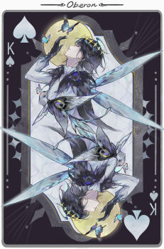 1boy absurdres black_hair bug butterfly closed_eyes commentary fate/grand_order fate_(series) fur_trim godenanchor hair_between_eyes highres insect oberon_(fate) oberon_(third_ascension)_(fate) short_hair solo symbol-only_commentary wings